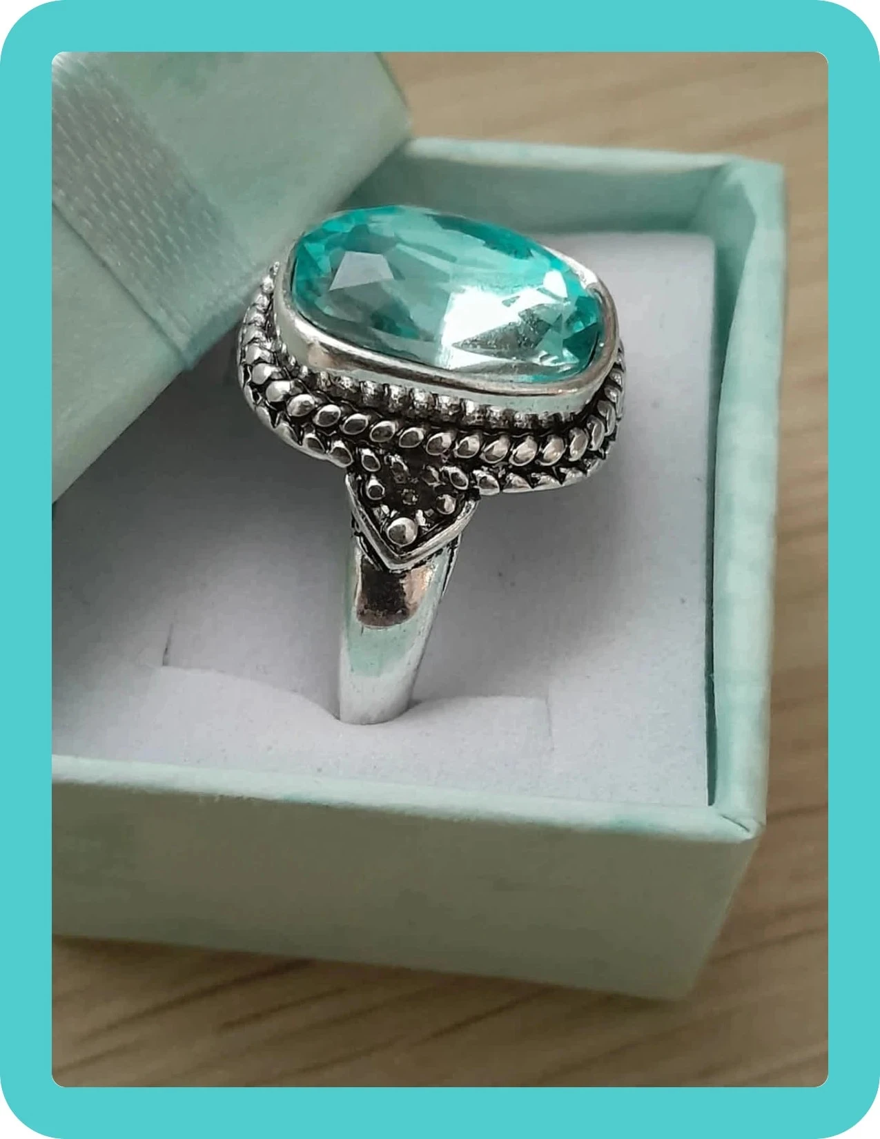 Bague stijl Vintage, rechthoekig, gegraveerd blauwe steen kleur Zilveren verouderde maat 60 – photo 3
